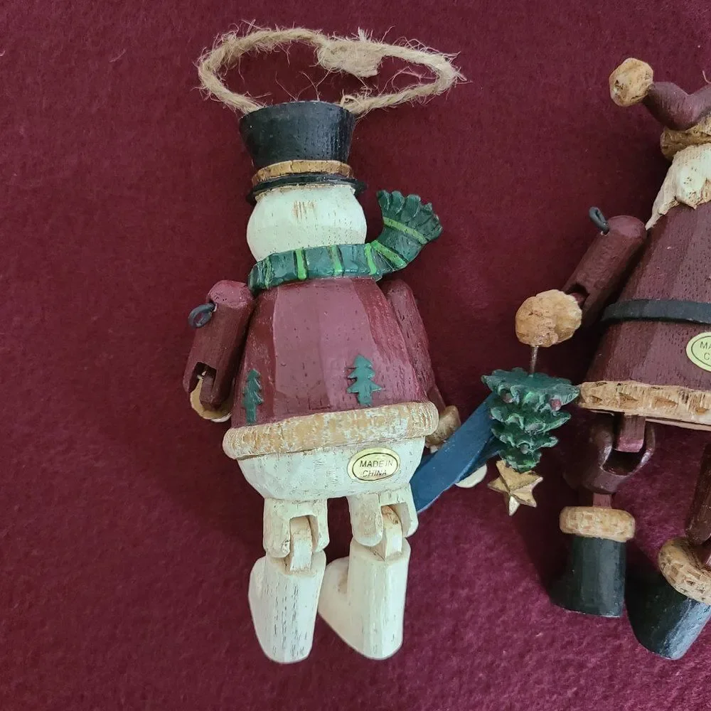 Vintage Country Christmas Jointed Resin Woodlook Ornaments Folk Art Rustic